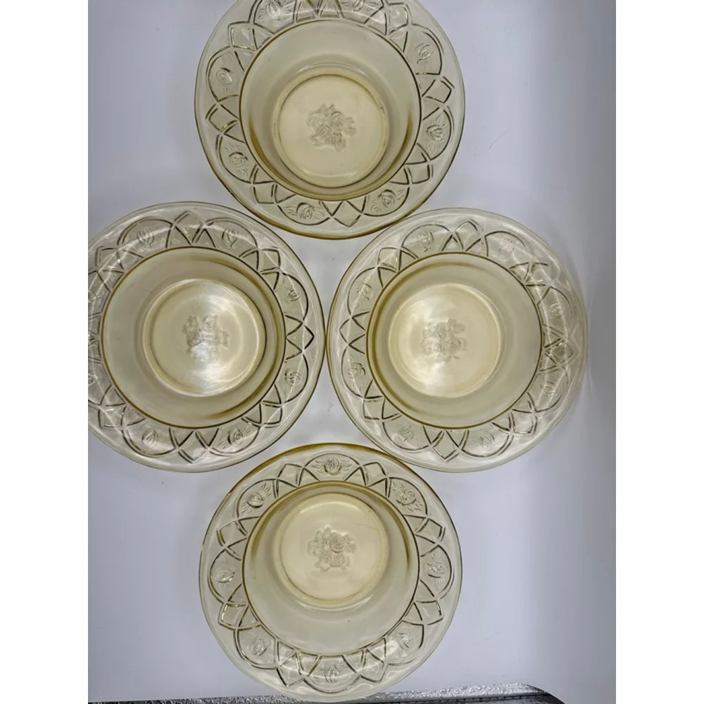 1930s Federal Glass “Rosemary” Dutch Rose Depression Glass Fruit Bowl Set (4)